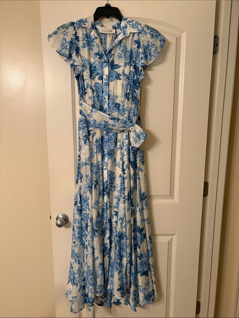 Taylor White Maxi Dress with Blue Floral Print and Waist Tie